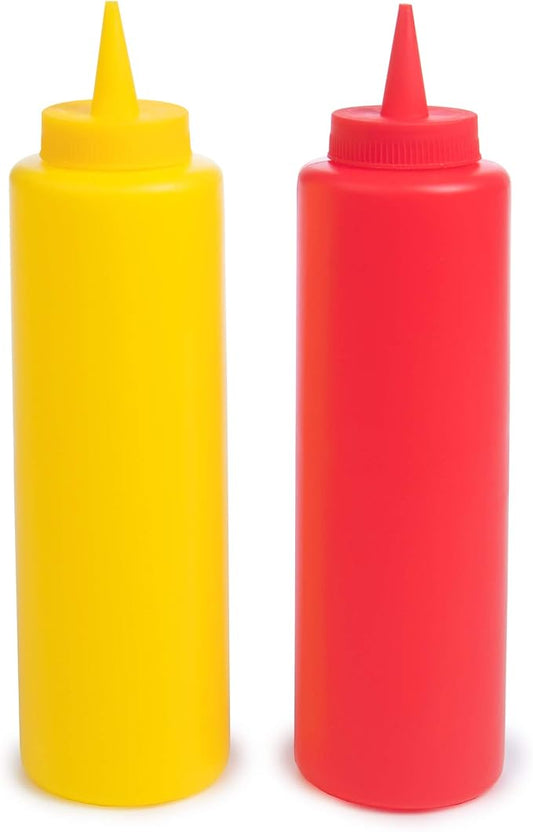 Ketchup and Mustard Squeeze Bottle Combo Pack | 2-pack 16-oz Red & Yellow Plastic Kitchen Table Condiment Squirt Dispensers | Restaurant Supplies for Food Truck, Grilling, Dressing, BBQ Sauce, Crafts