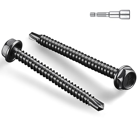 #14 x 2 Inch Self Drilling Screws, (130pcs) 3 lbs Black Self Tapping Screws for Metal, 410 Stainless Steel Hex Washer Head Sheet Metal Screw