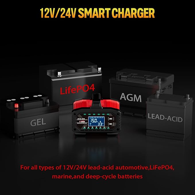 YONHAN 15A Battery Charger, Adjustable Current Car Battery Charger,12V/24V LiFePO4 Lead Acid Trickle Charger, Desulfator with Temperature Compensation for AGM, STD, Gel, Deep Cycle Batteries