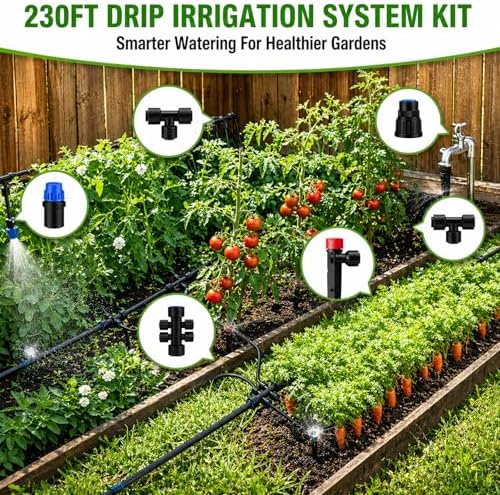 230FT Drip Irrigation System Kit, Quick Push-to-Connect Garden Watering System with 1/2'' & 1/4'' Tubing, Adjustable Drippers & Sprayers, Auto Irrigation System for Raised Bed, Lawn, Greenhouse