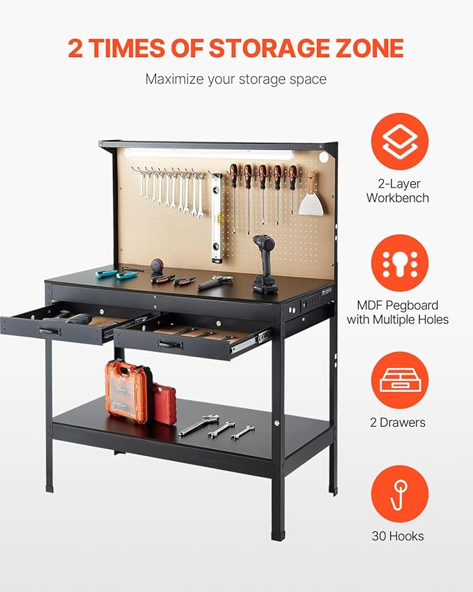 VEVOR Hardwood Workbench, 242.5 lbs Weight Capacity, 47.2-inch Heavy Duty Workbench with Pegboard, 4 AC Outlets & 2 USB Ports, 1.5m Cable & 30 Hooks, Garage Work Bench with Drawer for Workshop