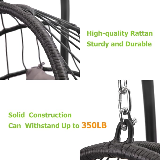 Classic Egg Hammock Chair with Stand, Weather-Resistant PE Rattan & Steel Frame, Indoor/Outdoor Hanging Chair for Patio, Garden, Living Room - Cushioned Seat & Headrest (Light Grey)