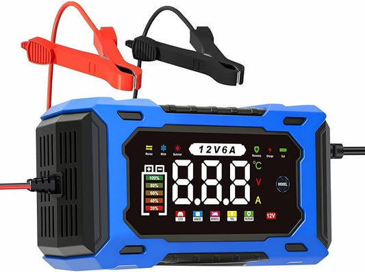 12V 6A Smart Battery Charger - Automotive Car/Motorcycle 12V Lead-Acid Battery Charger with LCD, Pulse Repair & Overcharge Protection