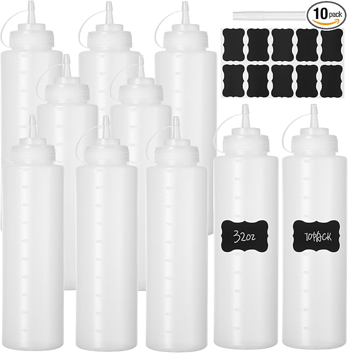 10 Pcs 32 oz Plastic Squeeze Bottles Clear Large Condiment Squeeze Bottles for Sauces Pancake Ketchup Syrup Squirt Condiment Dispenser with Caps Restaurant with 10 Stickers and 1 Pen