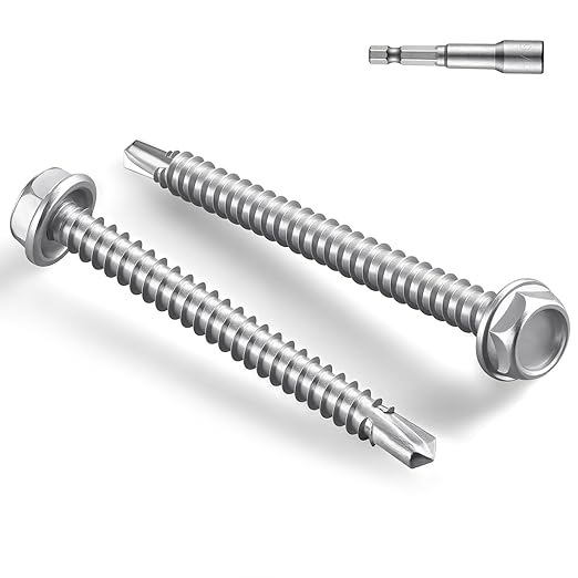 #12 x 1-1/2 Inch Self Drilling Screws, 63pcs 1 lbs Self Tapping Screws for Metal, 410 Stainless Steel Hex Washer Head Sheet Metal Screw