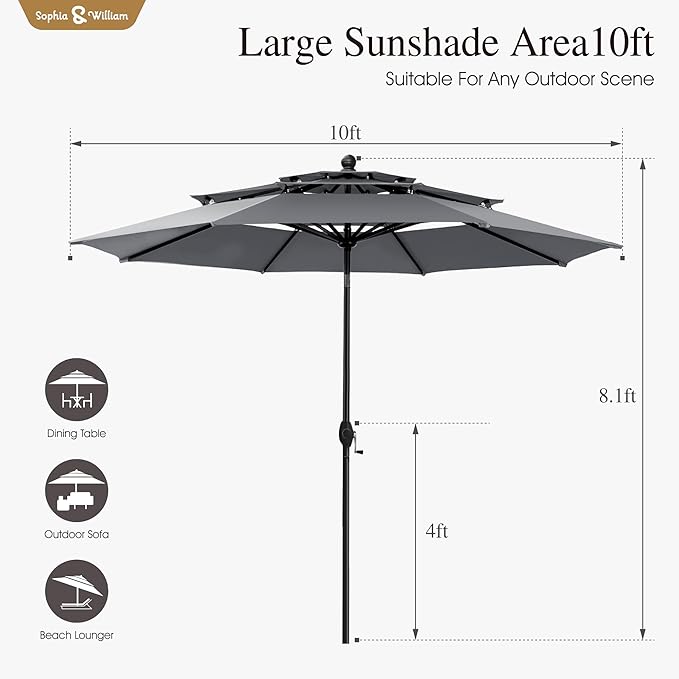 Sophia & William 10ft 3 Tier Auto-tilt Patio Umbrella, Outdoor Double Vented Umbrella with Crank, Grey