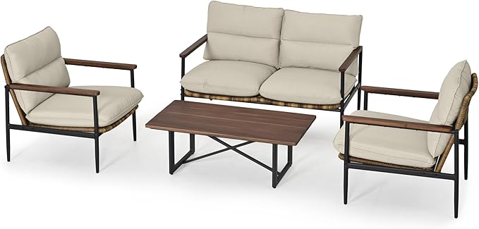 4-Piece Patio Furniture Sets, All Weather Rattan Patio Conversation Set with Aluminum Frame, Loveseat, 2 Chairs and Coffee Table, Smooth Wooden Armrest & Olefin Cushion for Yard Deck Porch