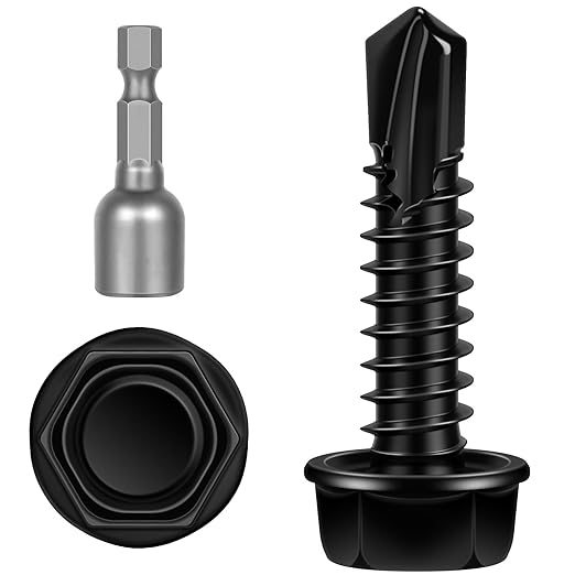 #12 x 1 Hex Washer Head Self Tapping Screws, TEK Screws, Self Drilling, Stainless Steel 410 Sheet Metal Screws, Black Finish, 50 PCS