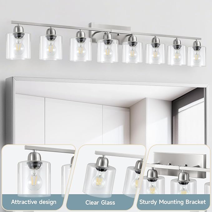 Modern Brushed Nickel 8 Light Bathroom Light Fixtures,52 inch Vanity Lights with Clear Glass, Bathroom Light Fixture for Mirror Kitchen Living Room Hallway Cabinet Porch