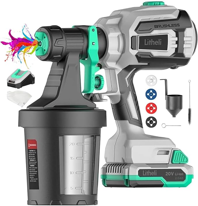 Litheli Cordless Paint Sprayer with Powerfu Brushless Motor, 20V 2.0Ah Battery Paint Sprayers with 4 Nozzle and 2 x 800ml Container, Electric HVLP Paint Gun for House Car, Deck, Fence, Furniture