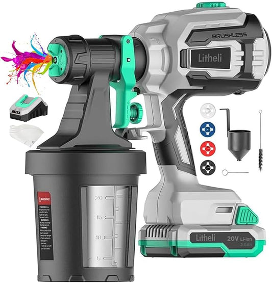 Litheli Cordless Paint Sprayer with Powerfu Brushless Motor, 20V 2.0Ah Battery Paint Sprayers with 4 Nozzle and 2 x 800ml Container, Electric HVLP Paint Gun for House Car, Deck, Fence, Furniture