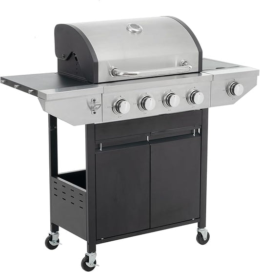 4 Burner Propane Gas Grill with Side Burner, 46,500 BTU Stainless Steel BBQ Grill with Foldable Shelves, Thermometer, Wheels, Ideal for Patio, Backyard, Outdoor Cooking, Barbeque