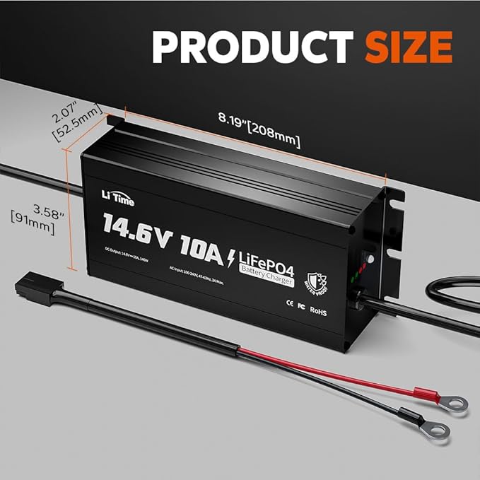 LiTime IP65 Waterproof 14.6V 10A LiFePO4 Onboard Charger, Fast Charging, 4 Safety Protections, Better Charging Performance, Extend Lithium Batteries Life, with LED Indicator, Outdoor & Marine Use