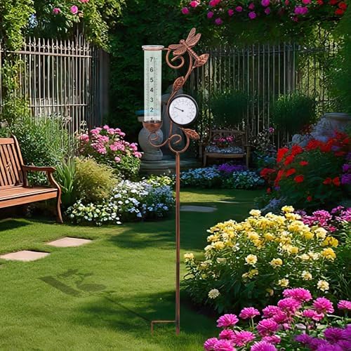 Dragonfly Rain Gauge Garden Decor, 32" Thermometer Patio Decor, 7" Capacity Rain Gauge Replacement Tube Glass, Outdoor Temperature Patio Decor