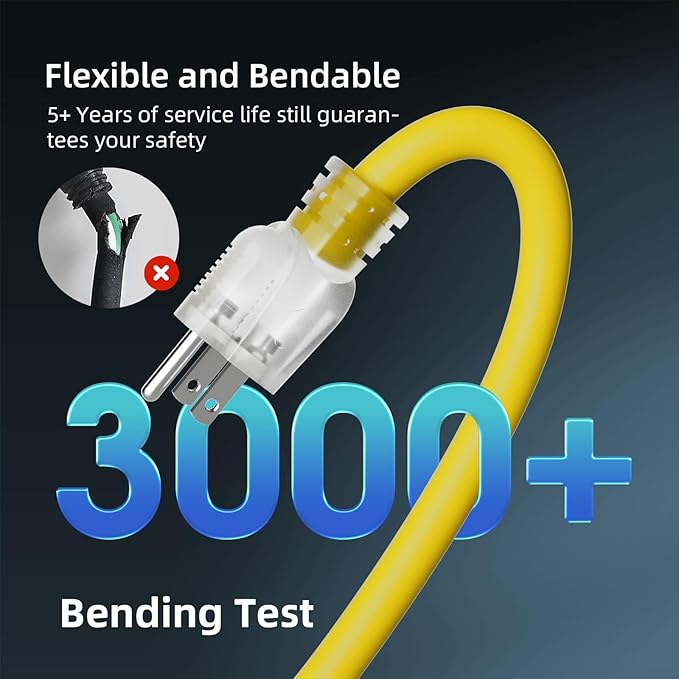 12 Gauge Outdoor Extension Cord 100 FT Waterproof, 3 Prong Plug, SJTW Heavy Duty 15A 1875W, Yellow Extension Cable with Lighted end for Commercial Use and Major Appliances, ETL Listed