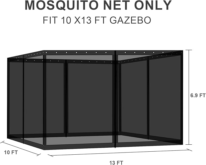BPS 10' x 13' Gazebo Universal Mosquito Netting Screen Replacement, 4-Panel Screen Walls with Double Zippers for Outdoor Patio, Black (Mosquito Net Only)