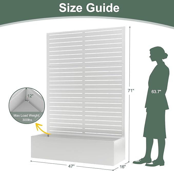 Metal Planter Box with Trellis Privacy Screen, Large Raised Garden Beds with Trellis for Climbing Plants, Flowers, Privacy Planters with Drainage Holes for Patio (47" L, White Blinds)