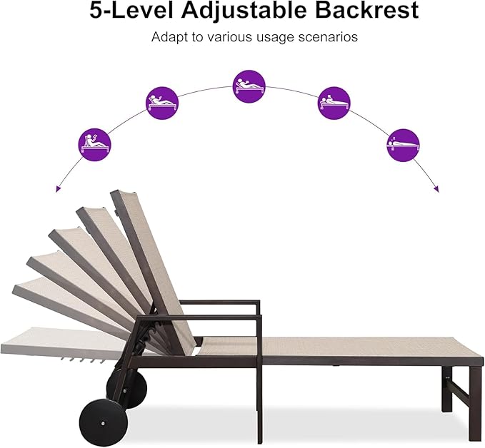 PURPLE LEAF Pool Lounge Chairs Set of 3 Aluminum Outdoor Lounge Chairs with Wheels and Armrests Adjustable Patio for Deck Outside Lawn Garden, Cream
