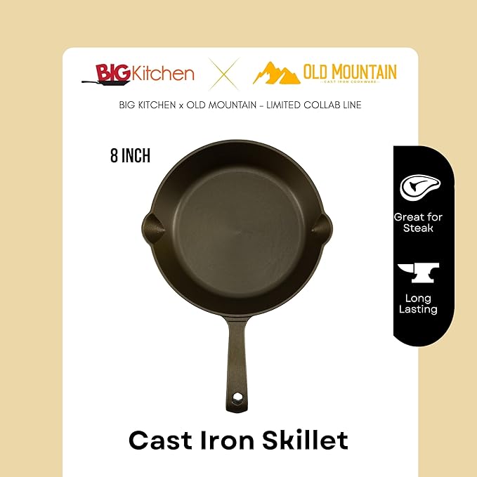 Big Kitchen x Old Mountain Exclusive Pre-Seasoned 8 Inch Cast Iron Skillet Smooth Polished Cooking Surface Frying Pan Nonstick Oven Safe Grill & Stovetop Friendly Cookware