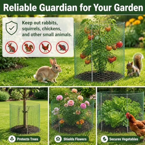 Plant Protectors from Animals, 0.85mm Free-Cut Green Chicken Wire Mesh, PVC Coated Tree Trunk Guard & Garden Fence for Outdoor Plants with Zip Ties, Stakes, Pliers, Gloves (49.2Ft*16In(16x 590 Inch))