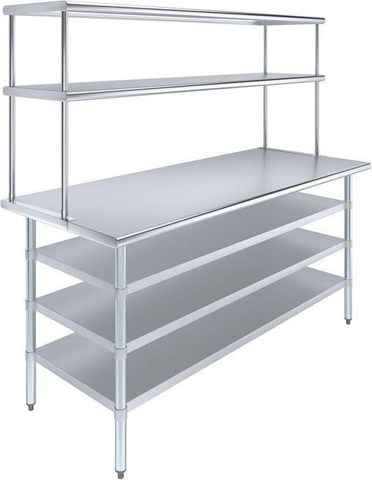 Amgood 30" x 72" Stainless Steel Work Table with 3 Shelves and 18" Wide Double Tier Overshelf | Metal Kitchen Prep Table & Shelving Combo | NSF