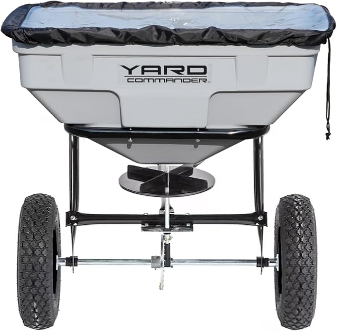 Yard Commander - 125 LB Tow Behind Lawn & Garden Broadcast Spreader - Seed, Fertilizer, Salt, Ice Melt - Premium Aluminum Cast Gears - Gate Lever for Easy Spread Control