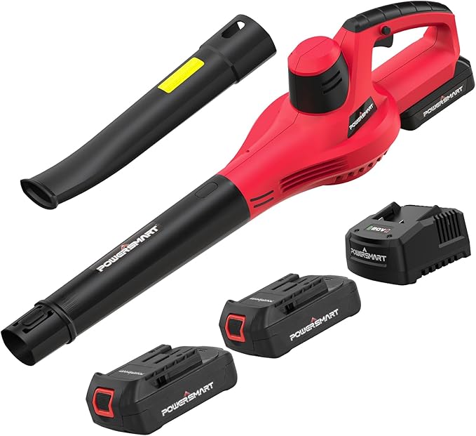 PowerSmart 20V Cordless Battery Operated Leaf Blower(120CFM/117MPH) with 2 Batteries and Charger, Portable,Lightweight & Small Blowers for Patio Cleaning,Lawn Care,Blowing Leaves and Dust (PS76101A)