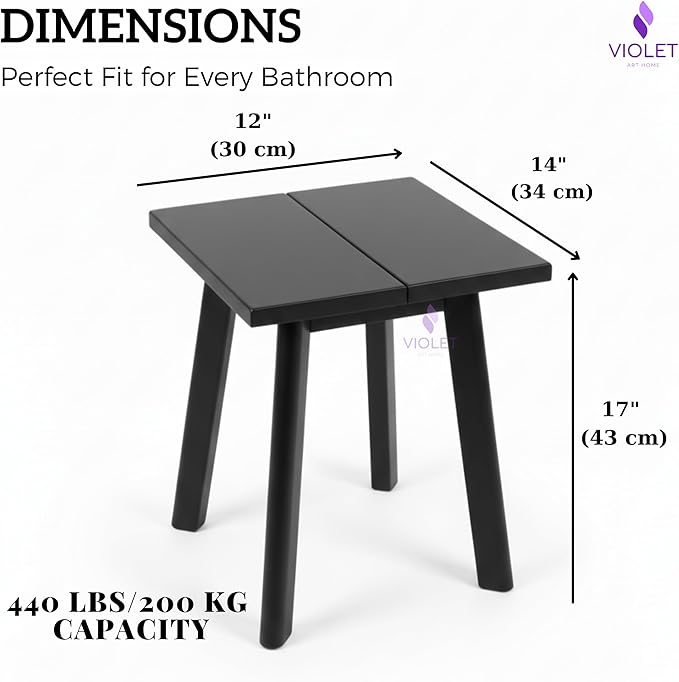 Black Teak Wood Shower Seat with Stainless Steel Legs – Waterproof Non-Slip Bath Stool, Indoor & Outdoor Use, 440 lbs Capacity, ADA Compliant, Handmade Compact Modern Design Bench
