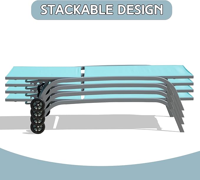 Domi Pool Lounge Chairs Set of 2, Adjustable Aluminum Outdoor Chaise Lounge with Wheels Patio Lounge Chairs, All Weather for Deck Lawn Poolside Backyard-Turquoise Blue Textilene