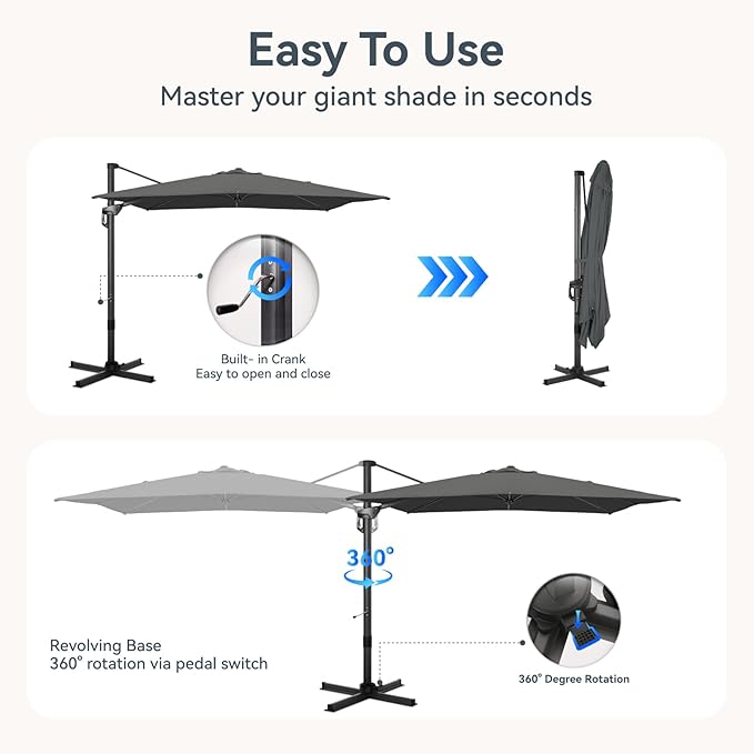 GREEN PARTY 9x12 ft Cantilever Patio Umbrella, Rectangle Offset Outdoor Umbrellas with 360° Rotation, 5-Year-Non-Fading Hanging Pool Umbrella for Garden Deck Poolside - Grey