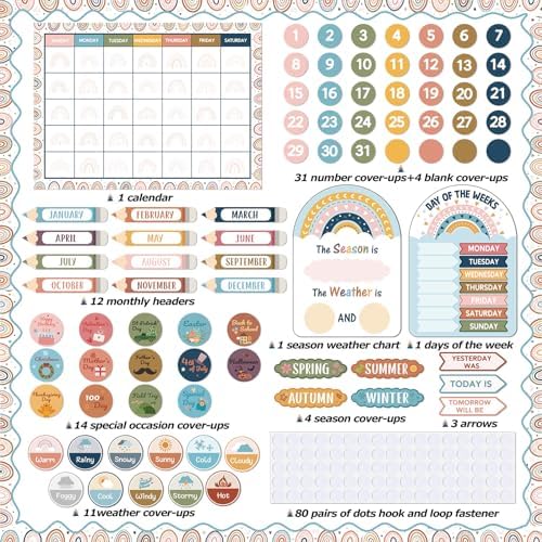Tenare 82 Pcs Classroom Calendar Boho Weather Bulletin Board Set