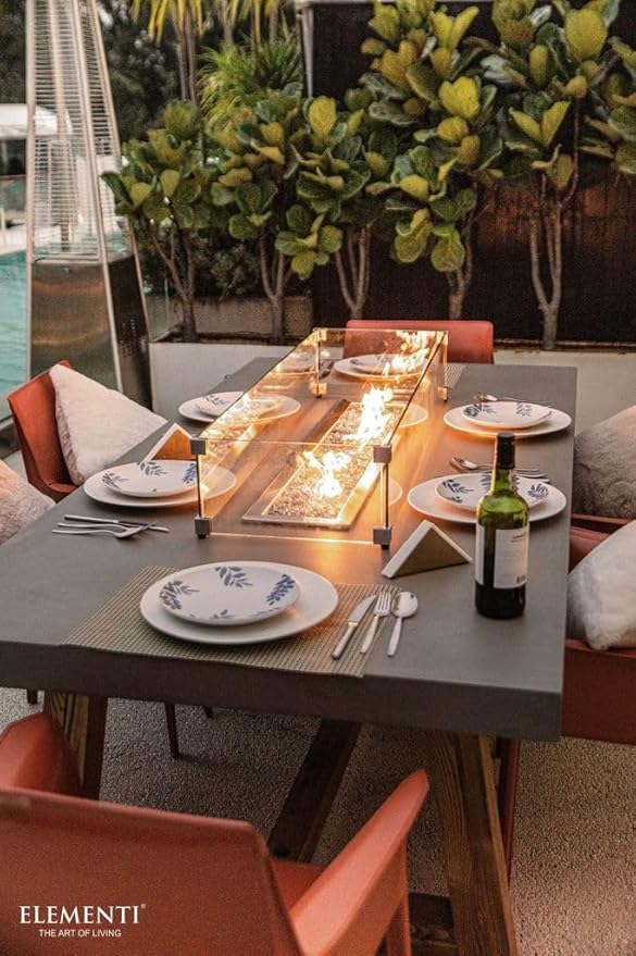 Elementi | Bundle Sonoma Gas Fire Pit Cast Concrete Rectangular Dining Fire Table, Outdoor Fire Pit Electronic Ignition | Canvas Cover, Lava Rock Included | Natural Gas