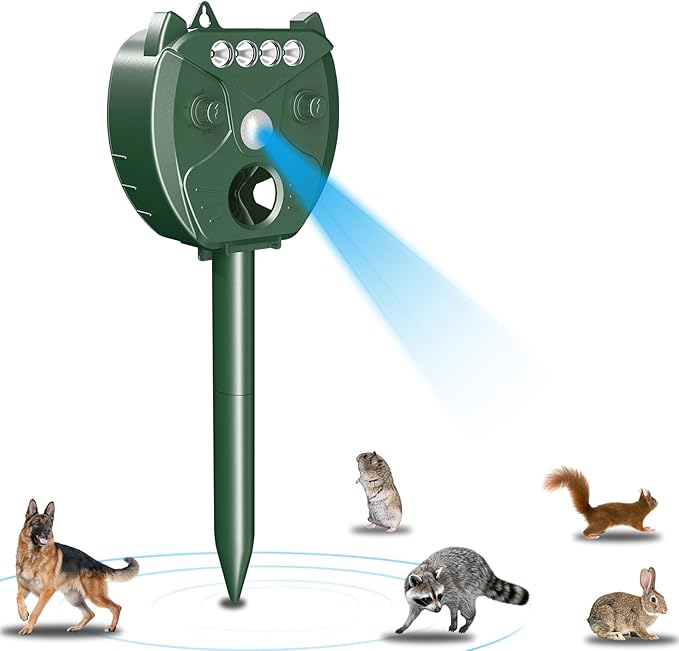 Ultrasonic Animal Repellent Outdoor, Solar Powered Deer Squirrel Skunk Rabbit Rodent Dog Deterrents Animal Repeller for Garden Farm Outdoor, Animal Deterrent with Motion Detection Waterproof for Yard