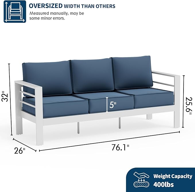 UDPATIO 3-Seat Patio Sofa Outdoor Aluminum Patio Furniture with 5" Thick Cushion and Waterproof Cover