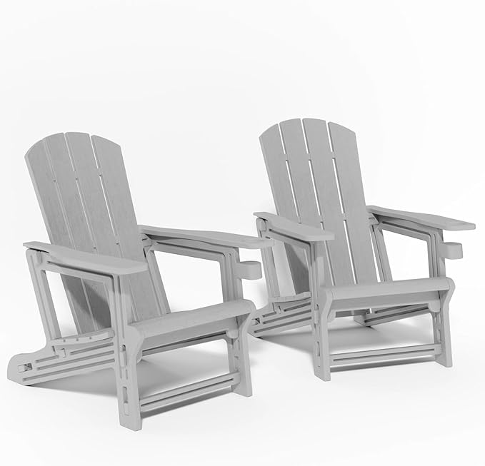 Adirondack Chair Set of 2, All Weather Plastic Adirondack Chairs, Fire Pit Chairs with Cup Holder, Outdoor Lawn Chair for Patio, Garden, Backyard, Grey