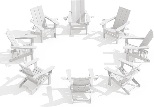 SERWALL Modern Folding Adirondack Chair Set of 8, Weather Resistant HDPE Outdoor Adirondack Chair with Cup Holders, Fire Pit Chairs for Patio Lawn Garden, White
