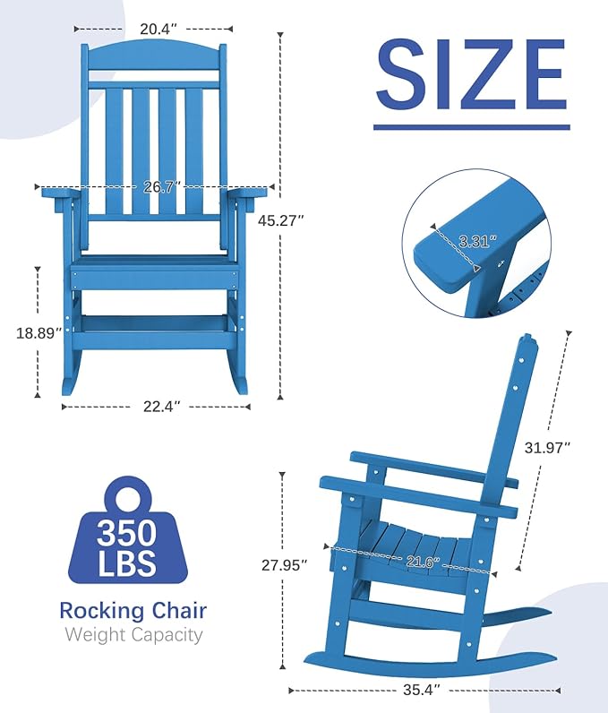 FOOWIN Outdoor Rocking Chair Set of 8, High Back Patio Rocking Chair, HDPE All Weather Resistant Porch Rocker for Adult, Oversized Rocking Chairs for Garden, Lawn, Indoor & Outdoor Use, Pacific Blue