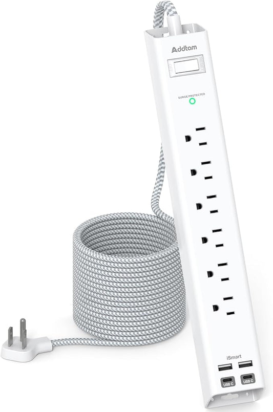 15FT Power Strip Surge Protector, Extension Cord with Multiple Outlets, 6 AC Outlet 4 USB (2 USB C), Flat Plug, Wall Mount, Multi Plug Outlet Extender for Home Office Dorm Room Essentials