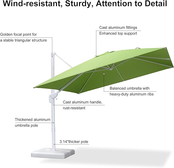 PURPLE LEAF 10 FT Patio Umbrella White Cantilever Umbrella Aluminum Square Outdoor Offset Umbrella Hanging Windproof with 360° Rotation for Garden Deck Pool, Green
