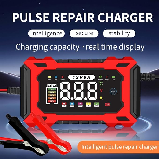 12V 6A Smart Battery Charger - Automotive Car/Motorcycle 12V Lead-Acid Battery Charger with LCD, Pulse Repair & Overcharge Protection (Green)