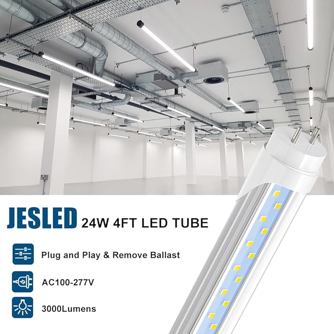 JESLED 4FT T8 LED Type A+B Tube Light Bulbs, 24W 5000K 3200LM, Plug and Play or Ballast Bypass, 4 Foot T12 LED Replacement for Flourescent Tubes, Dual-end Power, Clear, Warehouse Shop Lights (12-Pack)