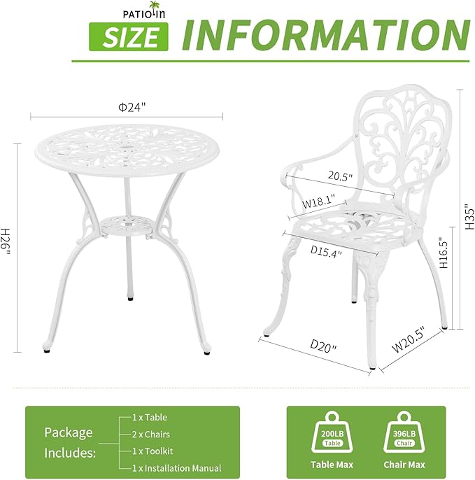 3 Piece Patio Bistro Set Cast Aluminum Bistro Table Set,All Weather Outdoor Dining Set with Umbrella Hole for Porch, Lawn, Garden, Backyard, Pool (White)