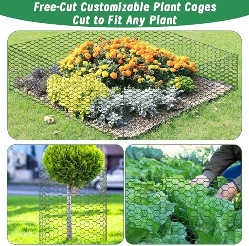 Plant Protectors from Animals, 16.4 x 16In Green PVC Coated Galvanized Chicken Wire Mesh Roll, 0.8mm Free-Cut Plant Cage with Ties, Stakes, Gloves, Pliers & Floral Wire (16.4Ft*20In)