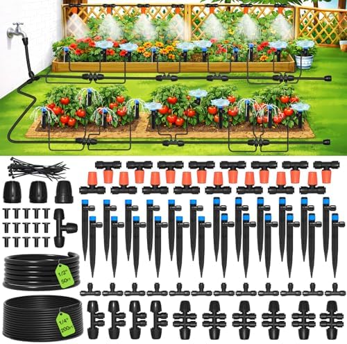 MIXC 250FT Drip Irrigation System Kit, Quick-Connect Garden Misting Watering System with 1/2” 1/4” Tubing Adjustable Nozzles Sprinklers for Indoor Outdoor Garden Potted Plant Lawn Greenhouse