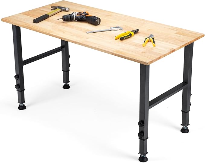 48 "Adjustable Workbench, Heavy Duty 2000 LBS Load Capacity Hardwood Workbench Suitable for Workshop, Office, Garage, Home (Rubber Pad丨No Power Outlets 48"x24")