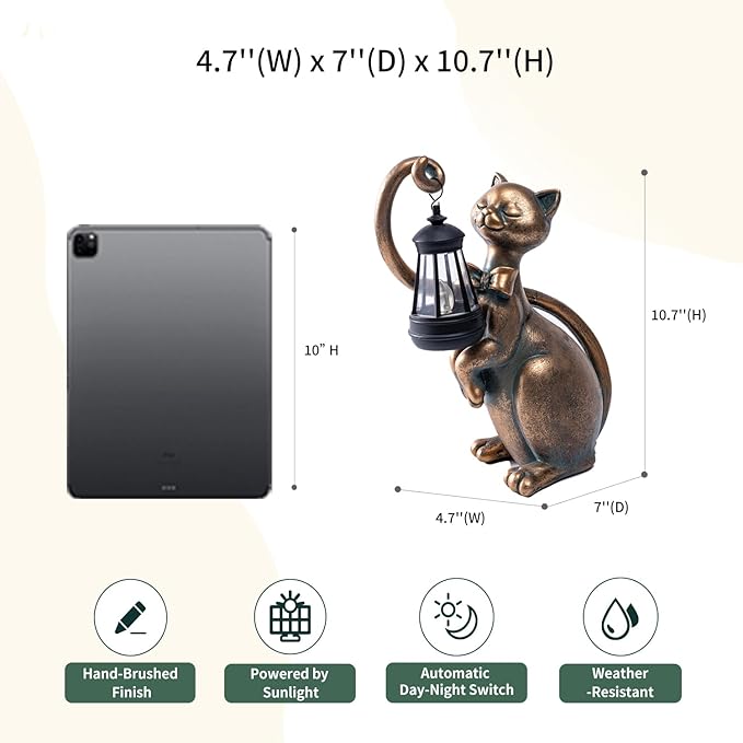 WHIMSYNOOK 10.7" Bronze Cat Solar Garden Statue Light – Cute Kitty Design, Bronze Finish, Solar-Powered LED, Outdoor Yard & Lawn Décor, for Cat Lovers, Mom, and Garden Enthusiasts