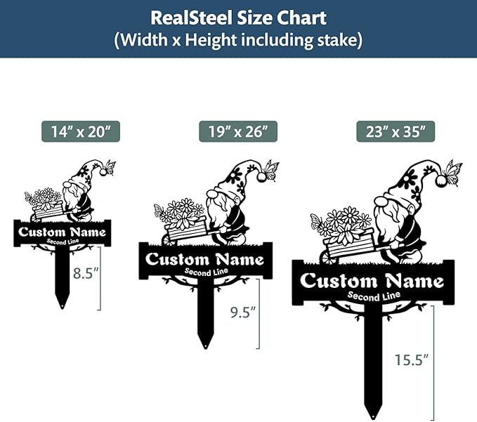 RealSteel Garden Gnome Monogram Yard Sign - Customizable Metal Sign with Gnome & Wheelbarrow Design - Personalized Name & Text (Gold, 23" x 35")