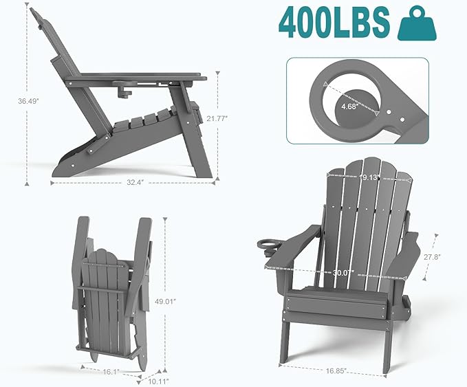FOOWIN Adjustable Adirondack Chair, Folding Adirondack Chair with Cup Holder, HDPE All-Weather Fire Pit Chair with 3 Recline Positions, Suitable for Patio, Garden, Backyard, Poolside, Grey