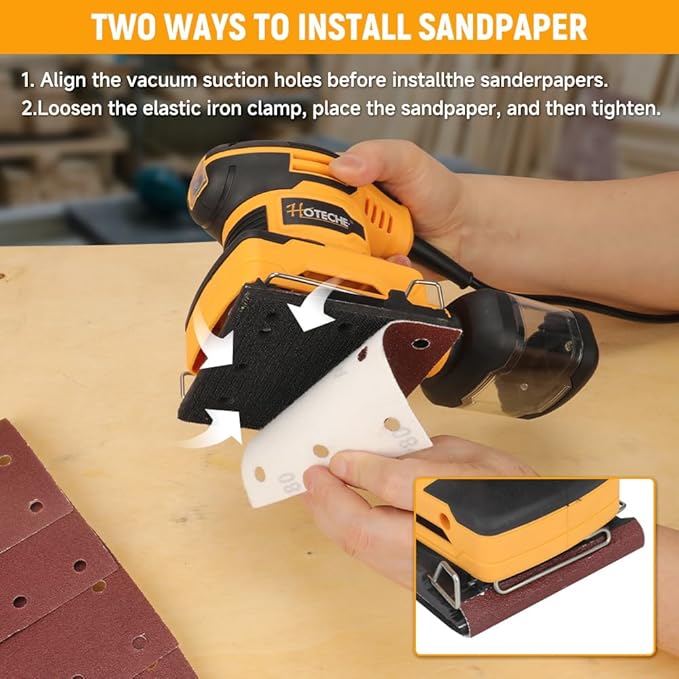 Hoteche 240W 110x100mm Palm Sander – Powerful Orbital Electric Sander with Dust Collection Box, Ergonomic Grip, Variable Speed for Wood, Metal, Paint Surface Finishing