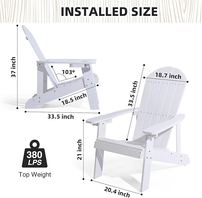 Adirondack Chairs Set of 4, All Weather Resistant Plastic Chairs with Cup Holder, 5 Easy Steps to Install, Outdoor Chairs for Patio, Garden, Backyard Deck, Lawn, Fire Pit - White